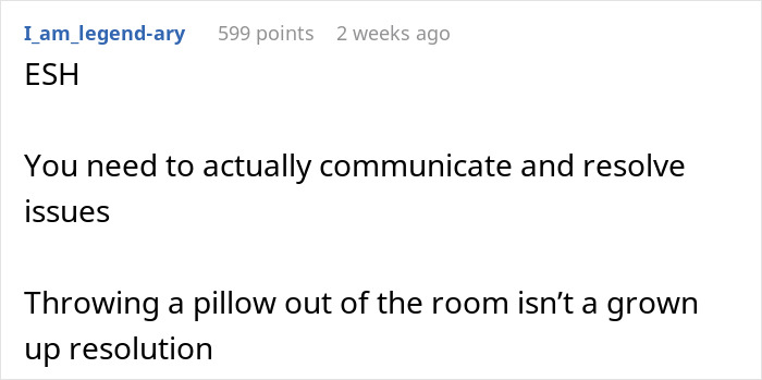 Reddit comment discussing communication issues in a relationship after a husband tosses his wife's pillow for space.