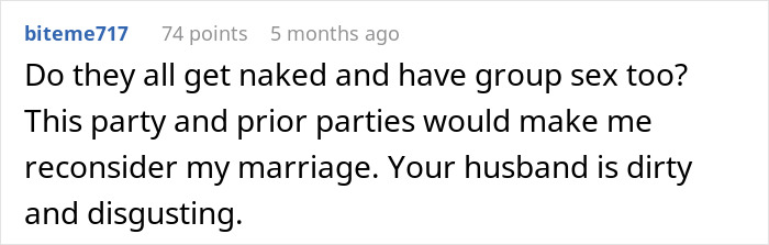 A comment discussing a coworker's inappropriate party behavior linked to marriage issues.