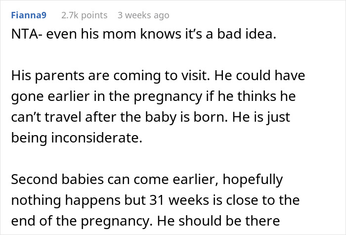 Text discussing husband overseas trip during wife's pregnancy, questioning timing and consideration.
