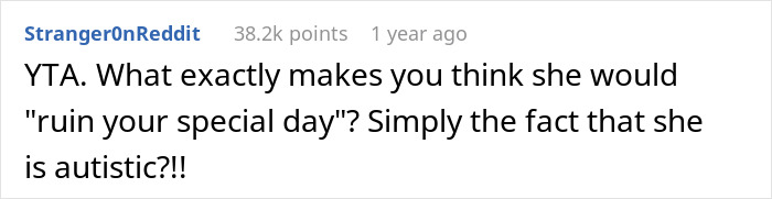 Reddit comment criticizing a bride's child-free wedding rule, highlighting exclusion of an autistic cousin. Reddit comment criticizing a bride's child-free wedding rule, highlighting exclusion of an autistic cousin.