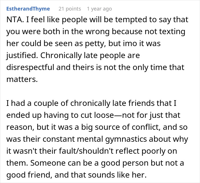 Text from a user discussing issues with friends who are chronically late and its impact on relationships. Text from a user discussing issues with friends who are chronically late and its impact on relationships.