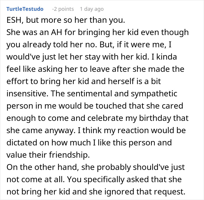 Comment discussing child-free birthday dinner dilemma.