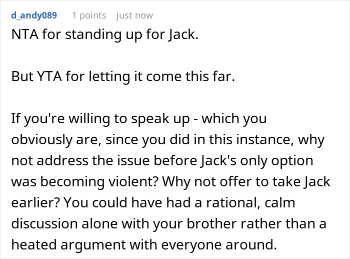 Reddit comment questioning timing of uncle taking nephew in after brother's boundary issues.