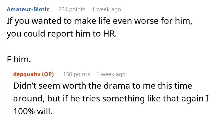 Coworker's audacity discussed in online comments about reporting to HR. Coworker's audacity discussed in online comments about reporting to HR.
