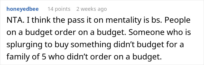 Text comment about refusing a "pay it forward" chain, expressing budget concerns.