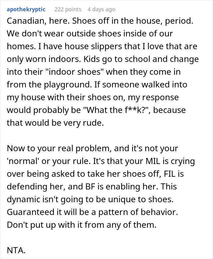 Text commentary on house rule about taking shoes off indoors; discussion on a family issue involving a son's girlfriend.