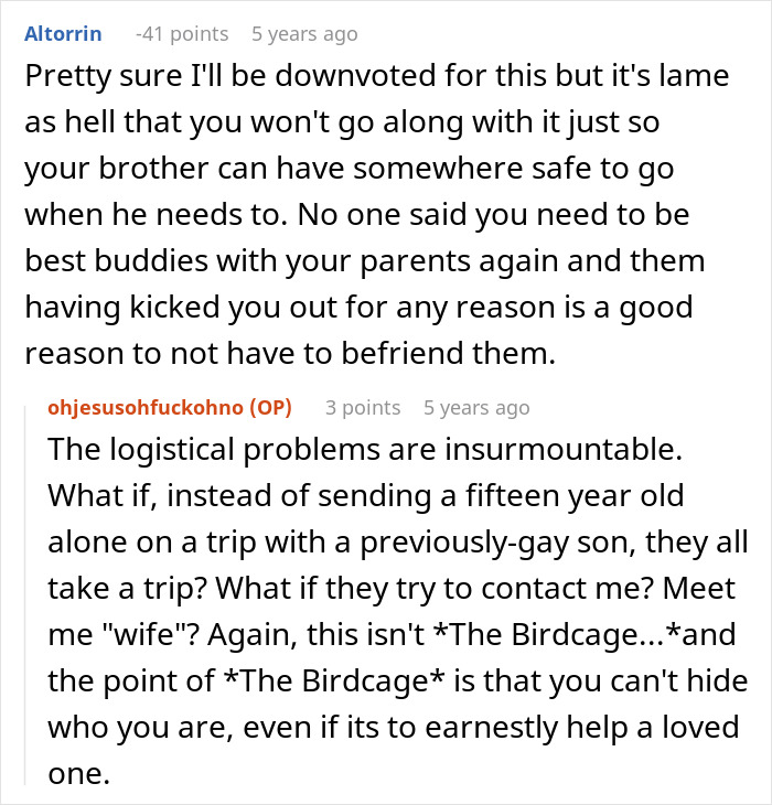Reddit discussion about a teen creating a fake account to convince their religious parents that their brother is no longer gay.