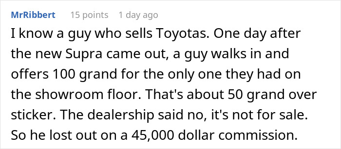 Reddit comment about a car dealership losing a $45,000 commission. Reddit comment about a car dealership losing a $45,000 commission.