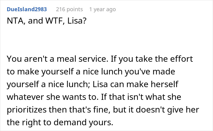 Reddit comment discussing a coworker's demand for extra food, questioning team spirit.