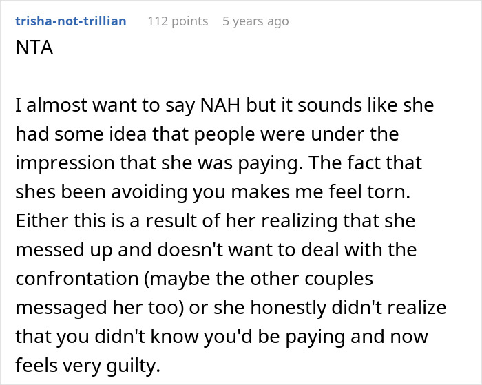 Reddit comment discussing a fancy dinner party where guests faced an unexpected $200 bill. Reddit comment discussing a fancy dinner party where guests faced an unexpected $200 bill.