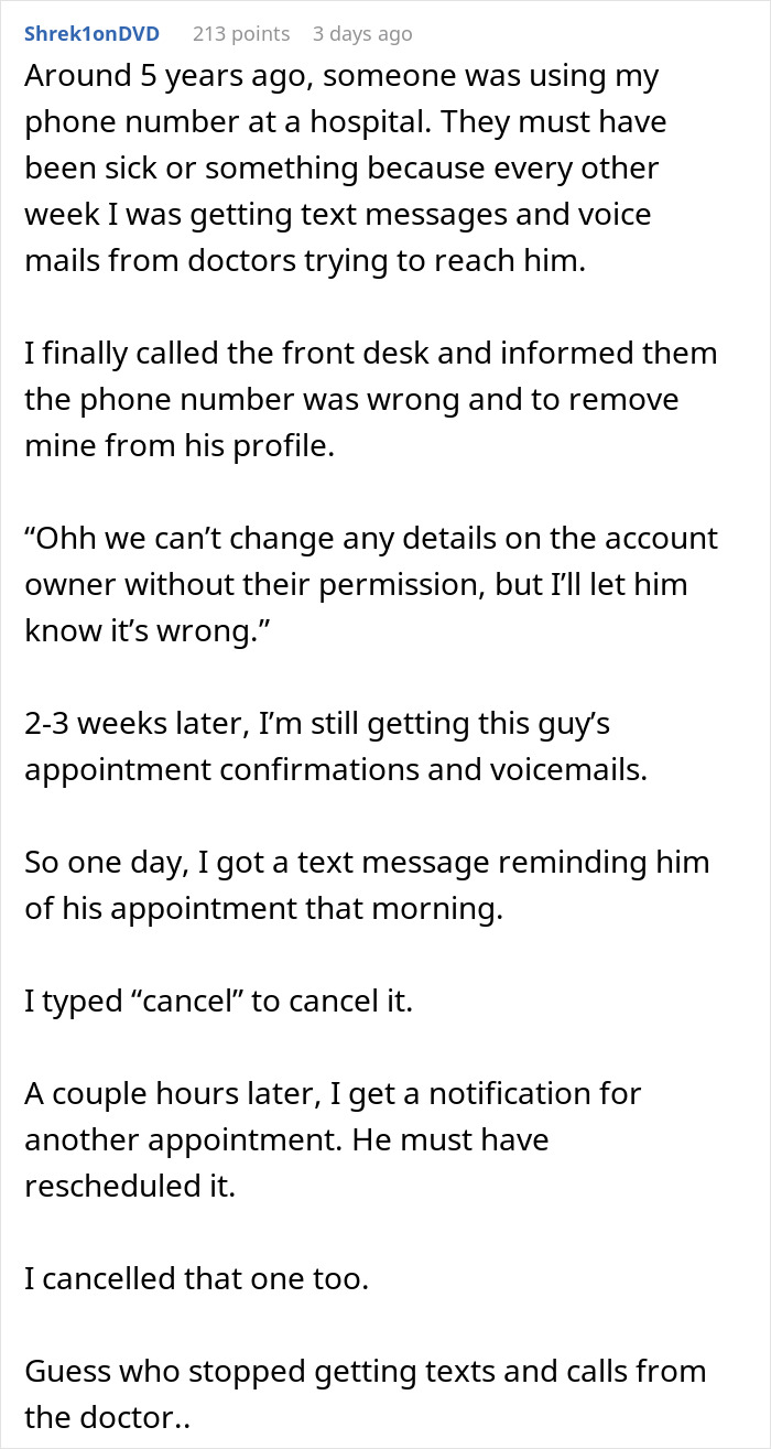 Text screenshot about using phone number reservations mistakenly made by someone else.