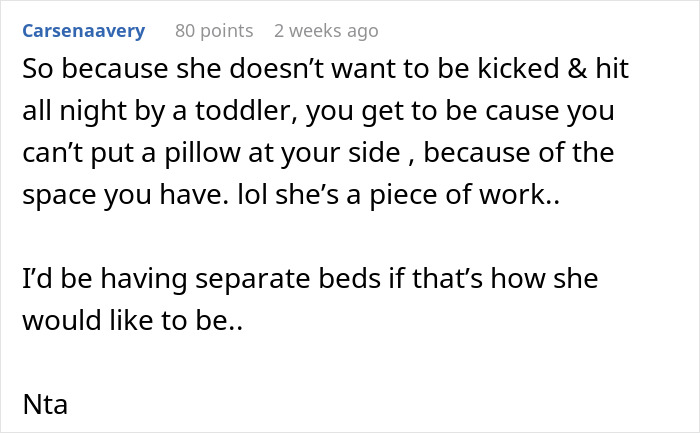 Comment discussing separate beds and space issues in marriage.