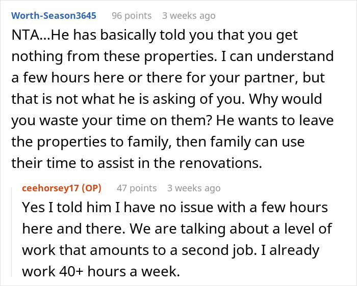 Reddit discussion on excluding partner from will, refusing free property remodel.