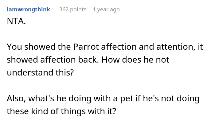 Reddit comment discussing parrot affection and questioning pet care.