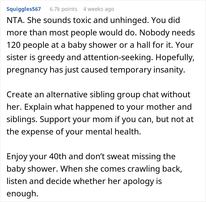 Reddit comment discussing a man's conflict with his entitled sister over a baby shower. Reddit comment discussing a man's conflict with his entitled sister over a baby shower.
