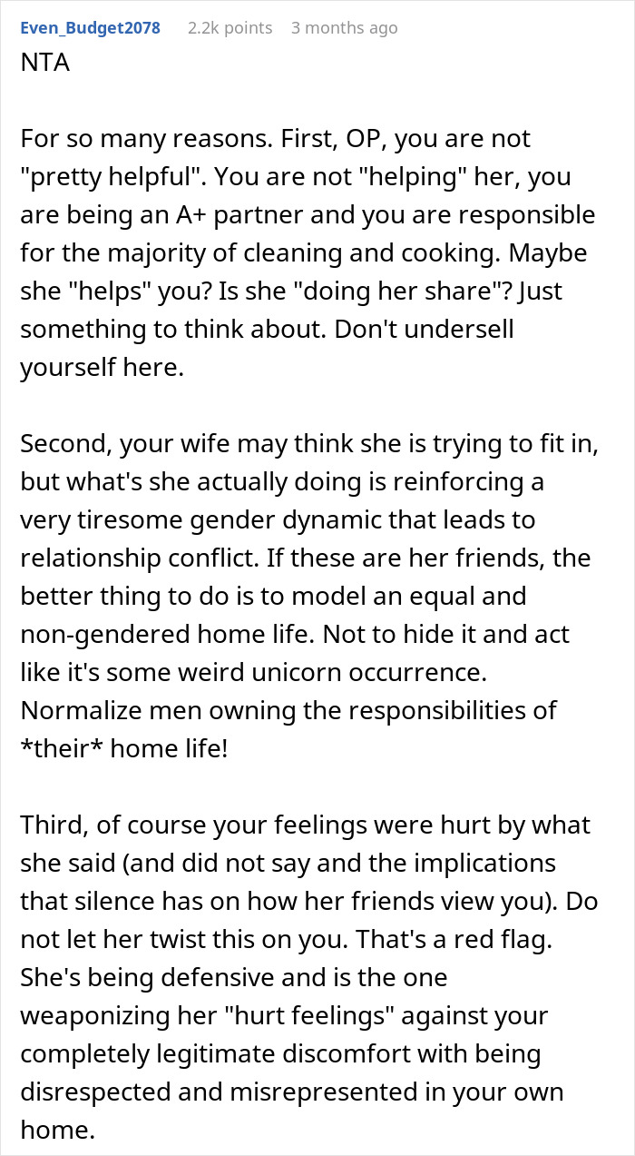 Discussion post on gender roles with a husband responding to being called unhelpful by his wife.