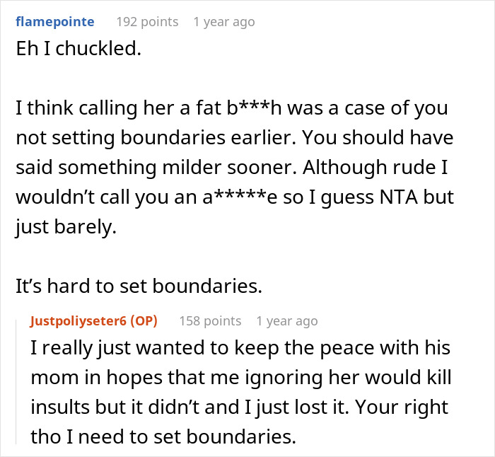 Reddit conversation on setting boundaries, involving a boyfriend's mom's weight comment. Reddit conversation on setting boundaries, involving a boyfriend's mom's weight comment.
