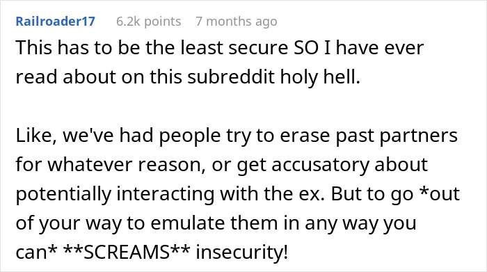 Reddit post discussing the insecurity of a wife imitating her husband's ex, with emphasis on insecurity and partner emulation.