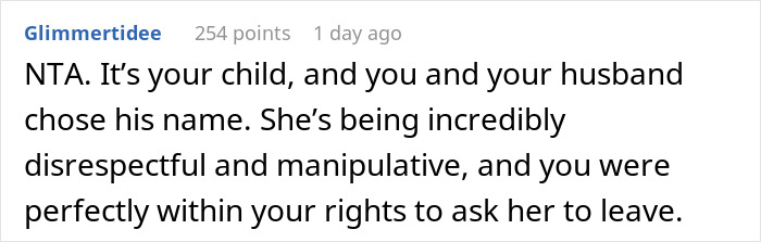 Text discussing disrespectful behavior from MIL about renaming grandson, DIL justified in asking her to leave.