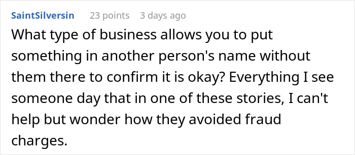 Reddit comment questioning business practices related to fraud, connected to a story about petty revenge on a toxic girlfriend.