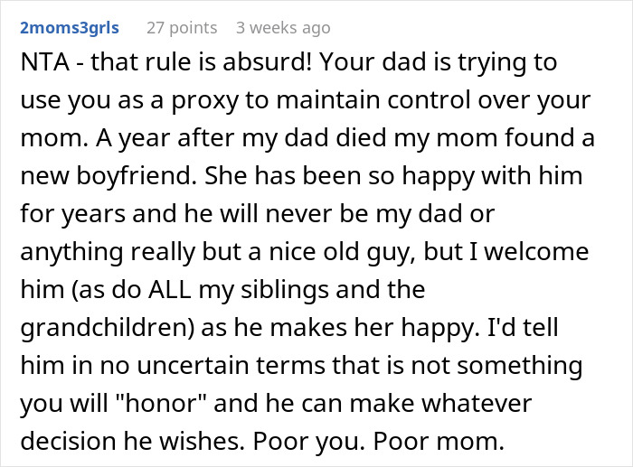 Reddit comment discussing controlling man, addressing absurd rule about mom's partners.
