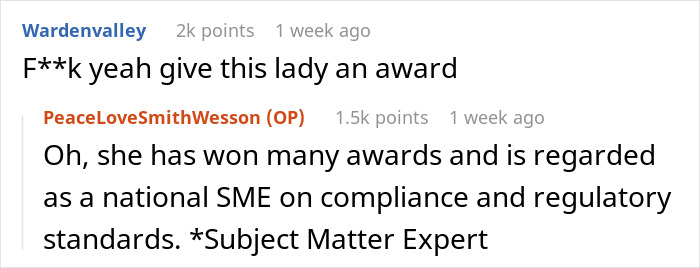 Comments discussing a woman's achievements in engineering and nursing, praising her as a subject matter expert.