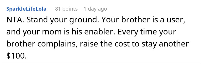 Comment on a forum about asking brother to pay for using family cabin. Comment on a forum about asking brother to pay for using family cabin.