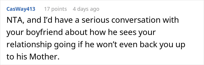 Comment discussing house rule and relationship advice.