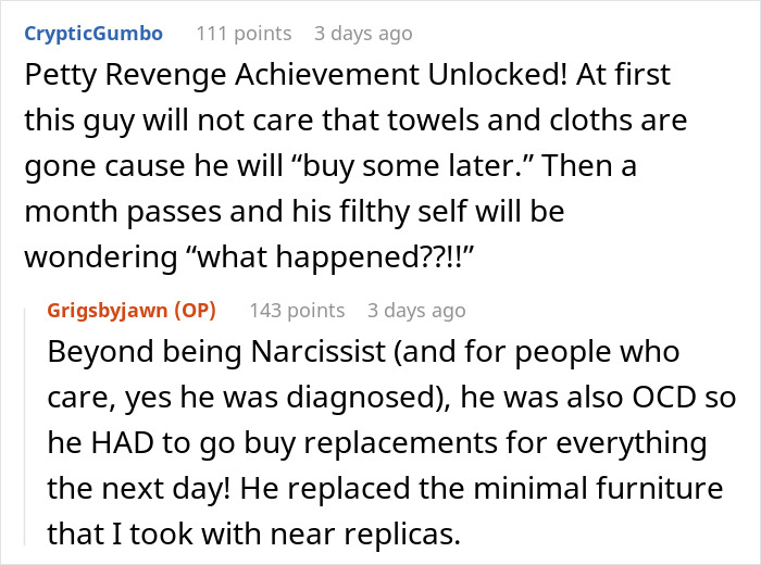 Text exchange about a woman moving out and taking items; ex replaces them due to OCD. Text exchange about a woman moving out and taking items; ex replaces them due to OCD.