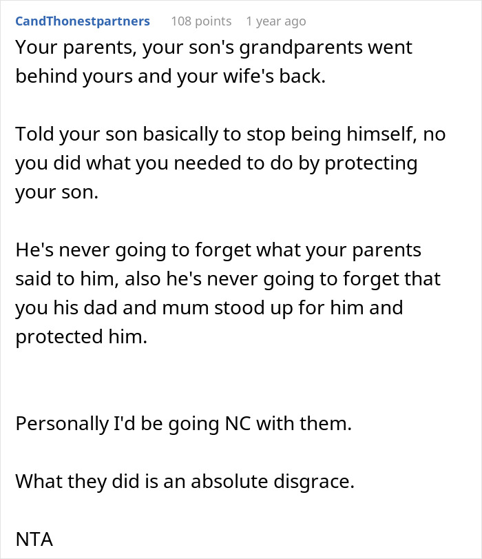 Reddit comment about family conflict over son being gay.
