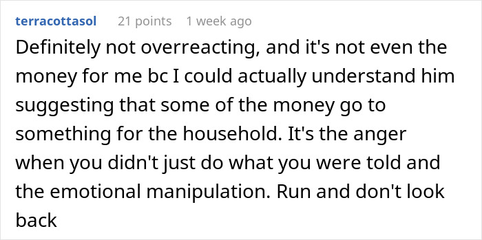 Comment discussing a boyfriend's change after inheritance, highlighting emotional manipulation and advice to leave.
