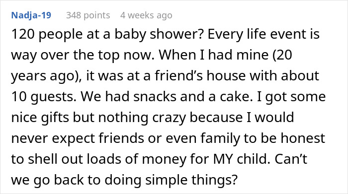 Comment about extravagant baby showers in online discussion. Comment about extravagant baby showers in online discussion.