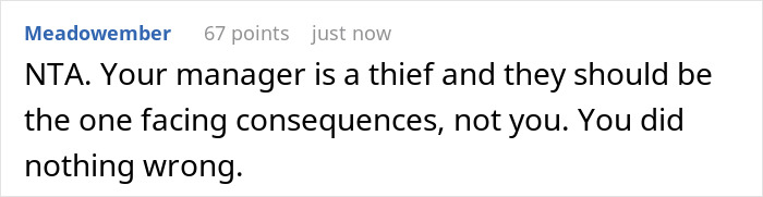 Comment supporting a woman who planted a "decoy" lunch to catch food thief manager.