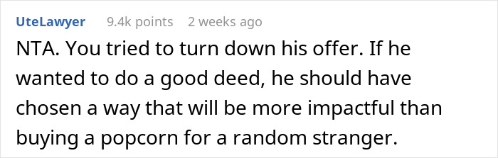 Reddit comment discussing if refusing a "pay it forward" chain is rude, mentioning good deeds and impact.