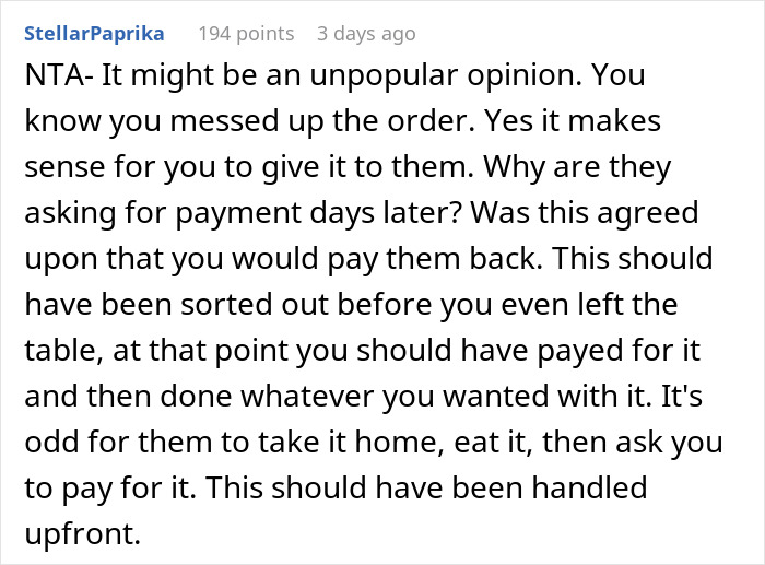 Text screenshot discussing a woman called out for not paying for a meal her friends took home. Text screenshot discussing a woman called out for not paying for a meal her friends took home.