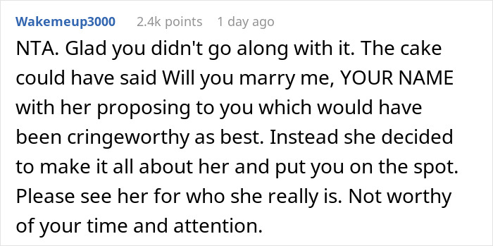 Comment discussing a woman's proposal to herself on boyfriend's birthday, criticizing her actions as self-centered.