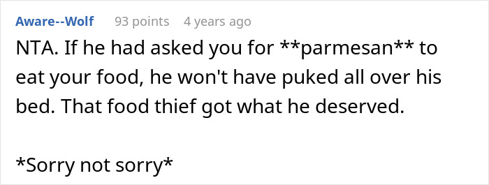 Reddit comment about a food thief, mentioning parmesan and an incident causing vomiting. Reddit comment about a food thief, mentioning parmesan and an incident causing vomiting.