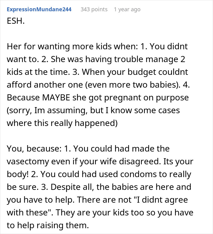 Text discussing a dad refusing newborn help due to vasectomy disagreement, highlighting parenting and relationship challenges.