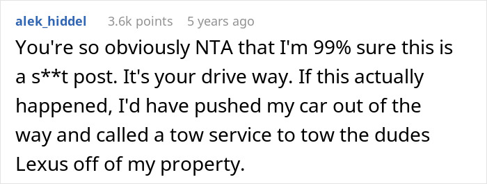 Comment about a neighbor parking in someone's driveway from an online discussion. Comment about a neighbor parking in someone's driveway from an online discussion.