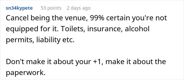 Screenshot of a comment advising against hosting a backyard wedding due to technical and legal issues. Screenshot of a comment advising against hosting a backyard wedding due to technical and legal issues.