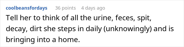 Comment on petty house rule mentions hygiene concerns about daily dirt brought indoors.