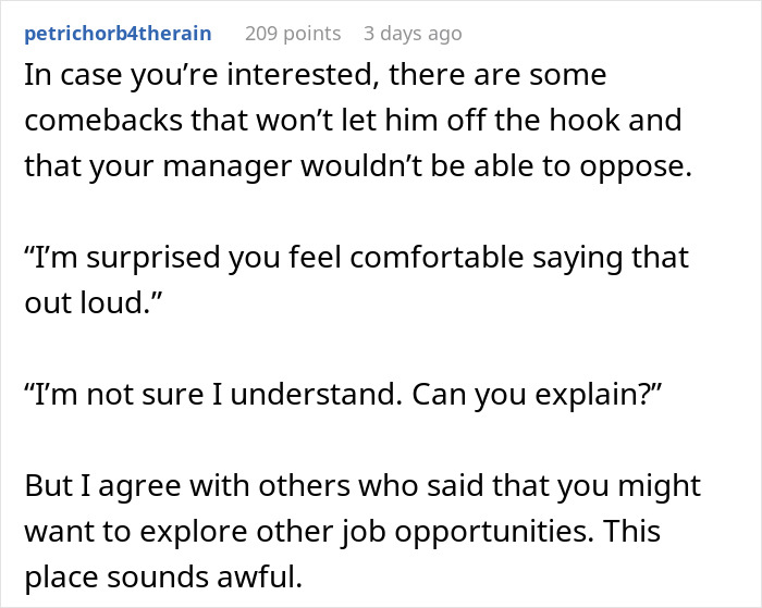 Advice on addressing a coworker's racist comments, suggesting responses management can't oppose. Advice on addressing a coworker's racist comments, suggesting responses management can't oppose.