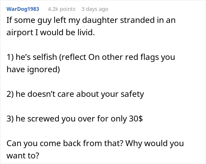 Comment discussing being left stranded at the airport due to saving $30, highlighting selfishness and safety concerns. Comment discussing being left stranded at the airport due to saving $30, highlighting selfishness and safety concerns.