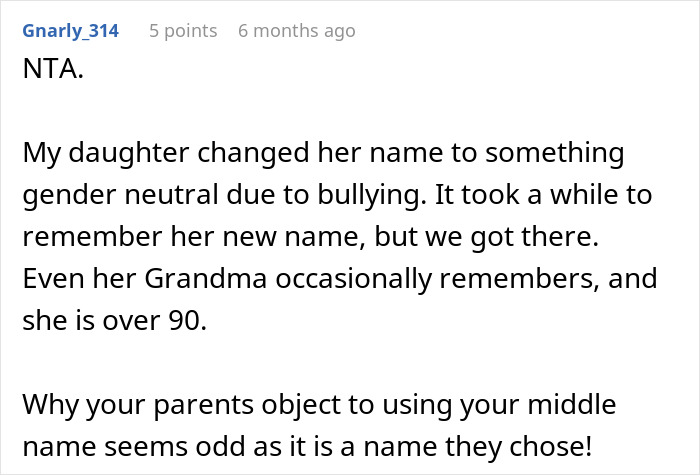 Reddit comment about a daughter changing her name to something gender-neutral due to bullying.