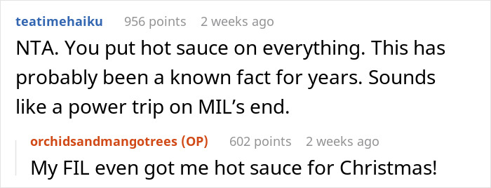 Online comments debate hot sauce on lasagna, mentioning MIL's reaction and family gift. Online comments debate hot sauce on lasagna, mentioning MIL's reaction and family gift.