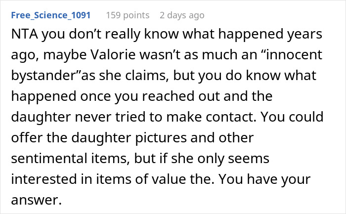 Reddit comment discussing inheritance and the role of a friend's daughter in the decision.
