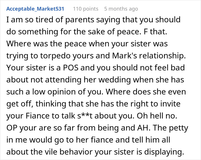 Text screenshot discussing a woman's attempt to convince sister's fianc&eacute; to end the engagement.