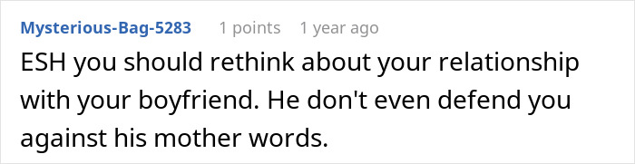 Reddit comment on relationships and conflict with boyfriend's mom at dinner. Reddit comment on relationships and conflict with boyfriend's mom at dinner.