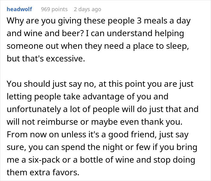 Reddit comment about houseguests treating a woman's home like a hotel, suggesting she set boundaries.