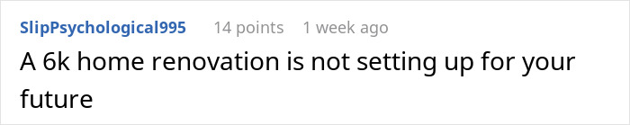 Text comment on renovation expenses related to a sudden inheritance, questioning future investment decisions.